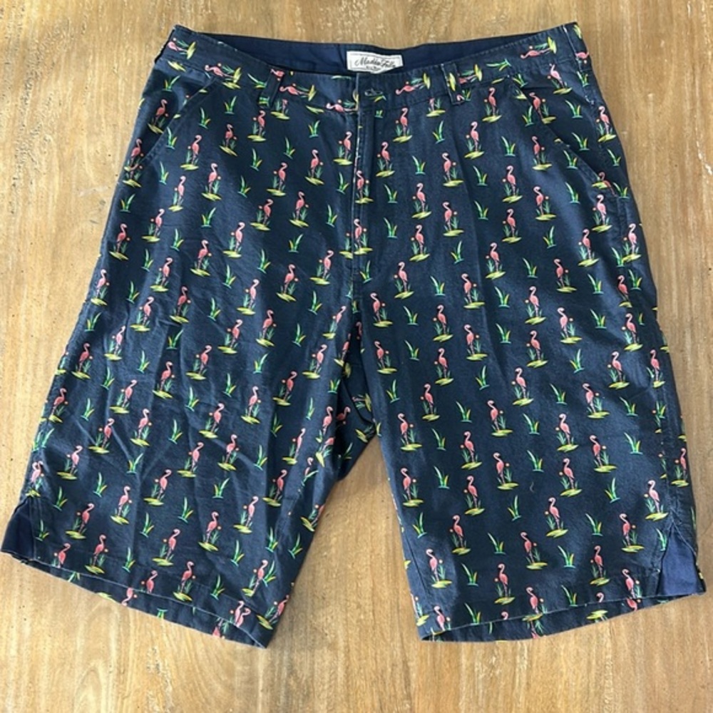 Madda Fella Mens Flamingo Print Chino Shorts Navy Blue Tropical Key West Size 32